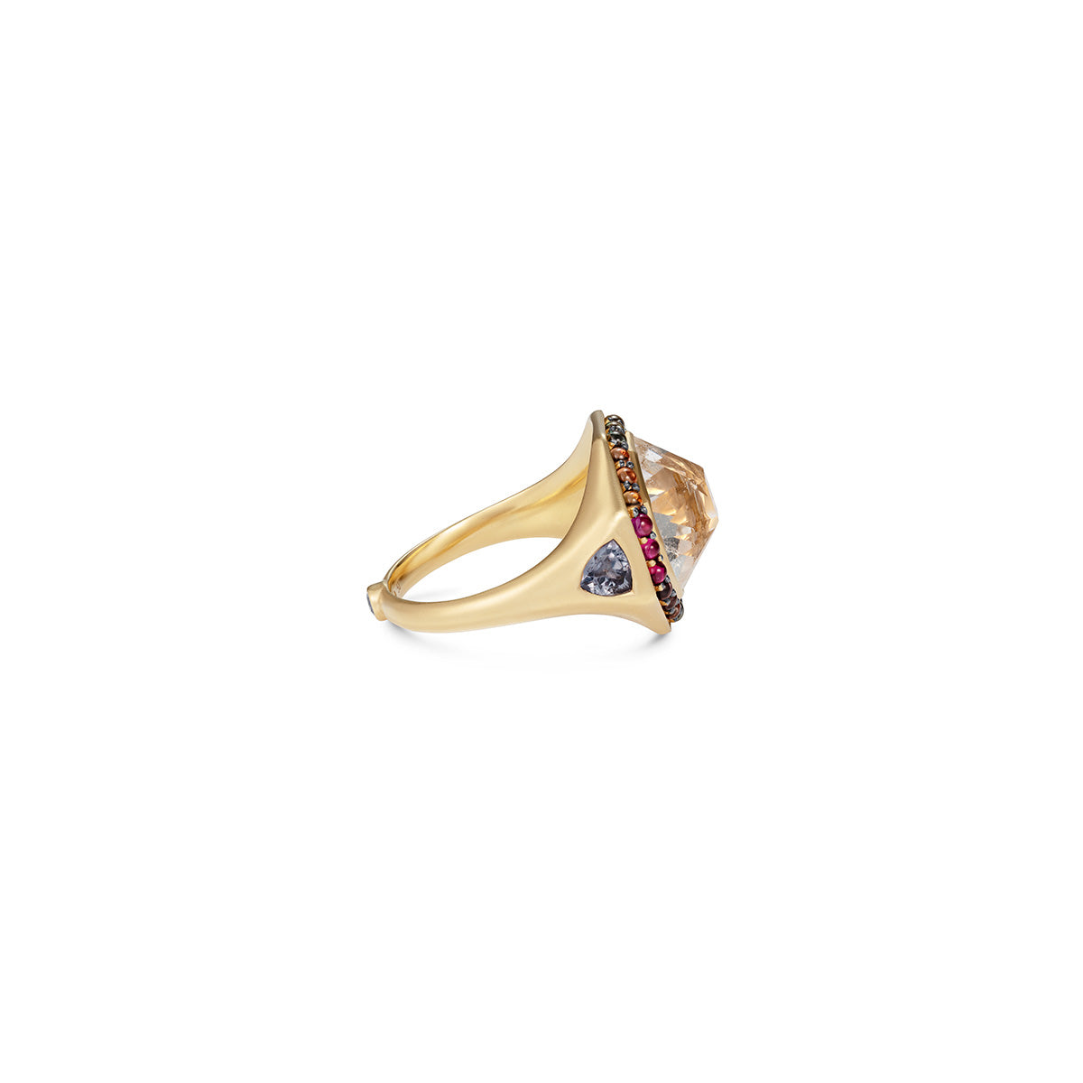 Noor Fares Octagonal Rock Crystal Ring with Coloured Sapphire Cabochon Pavé