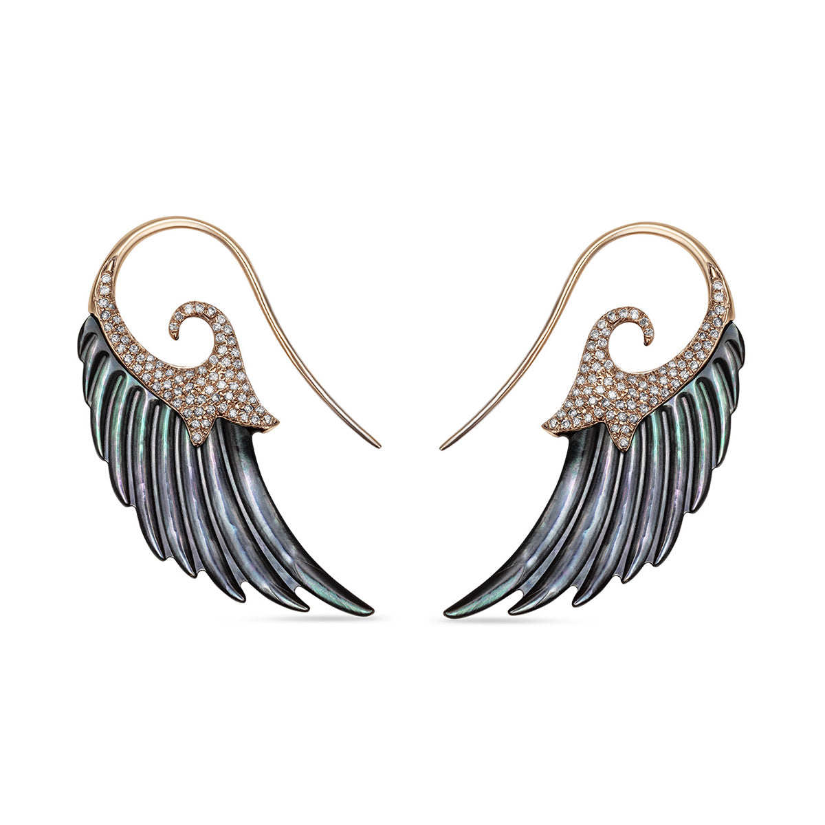 Noor Fares 18K Grey Gold Black Mother of Pearl Wings Earrings set with Diamonds