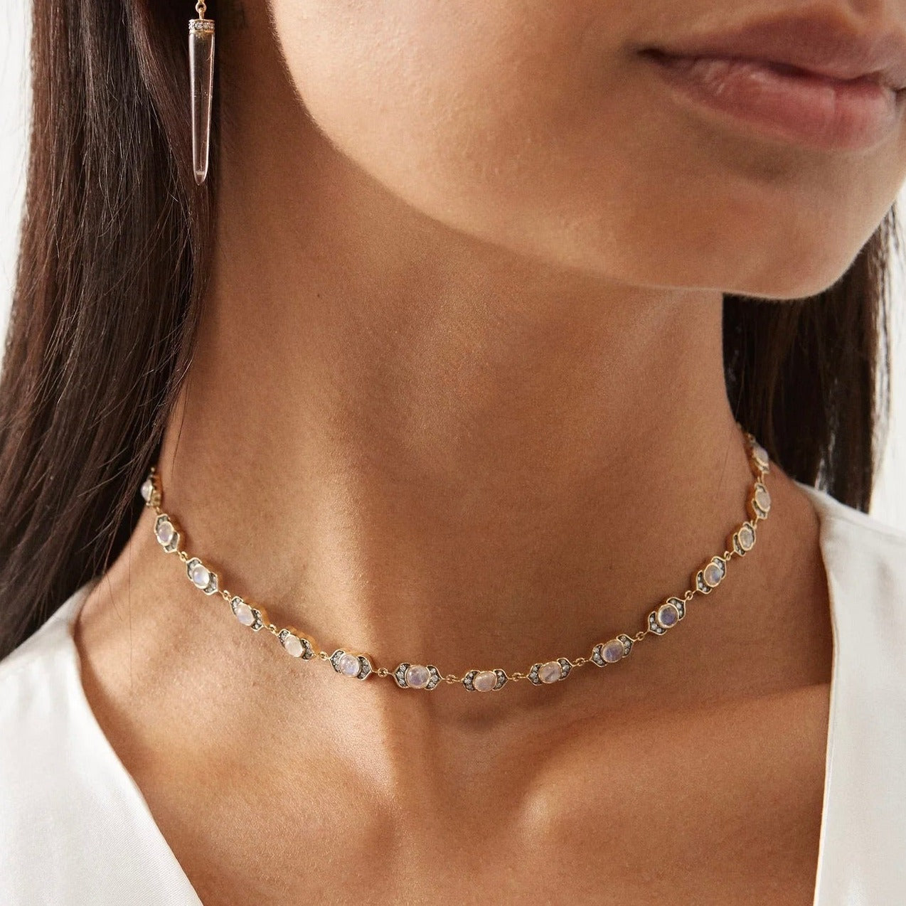 Noor Fares Rock Crystal and Diamond Dawn Pendant Necklace