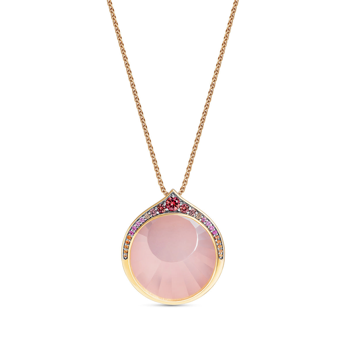 Noor Fares 18K Yellow Gold Rose Quartz Pendant with Coloured Sapphire Pavé and Pink Glitter Enamel