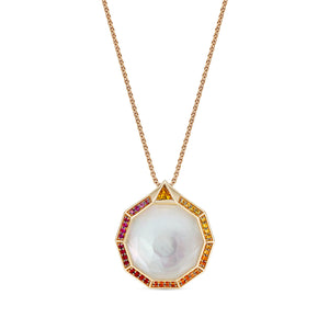 Noor Fares 18K Yellow Gold Rock Crystal and Mother of Pearl Pendant with Various Coloured Stones and Pink Glitter Enamel