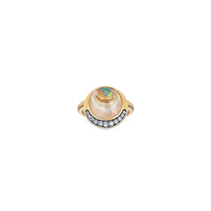 Noor Fares Rock Crystal and White Mother of Pearl Pinky Ring with Blue Ethiopian Opal Cabochon and Diamond Pavé