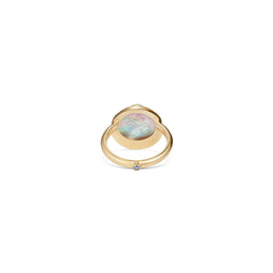 Noor Fares Rock Crystal and White Mother of Pearl Pinky Ring with Blue Ethiopian Opal Cabochon and Diamond Pavé