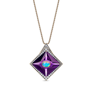 Noor Fares Amethyst Necklace with Ethopian Oval Opal Cabochon and a Gradient of Grey to White Diamond Pavé
