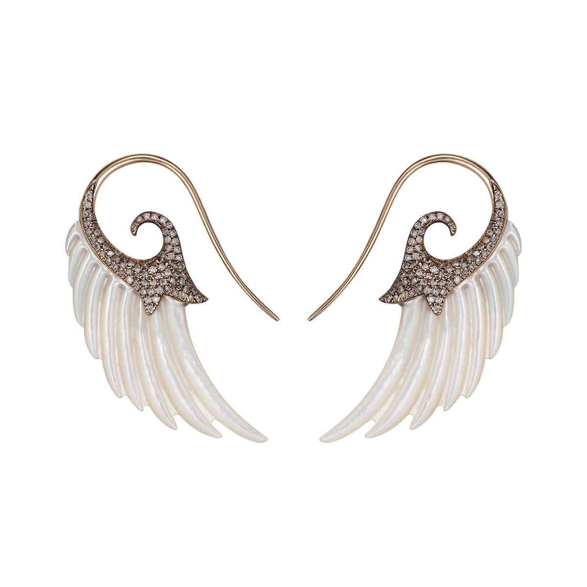 Noor Fares 18K Grey Gold Mother of Pearl Wings Earrings set with Pink Diamonds